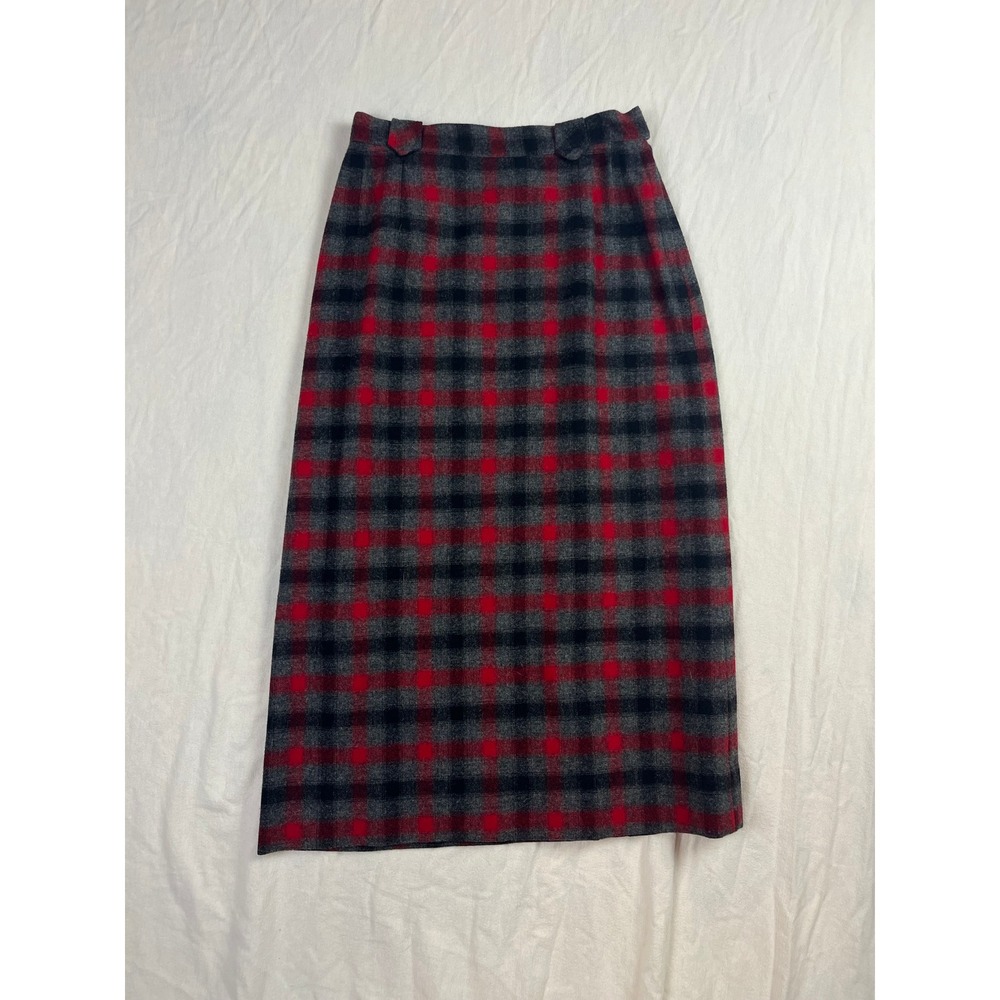 Pendleton Vintage Red Grey Plaid Virgin‎ Wool Midi Pencil Skirt Size 12 Tailored